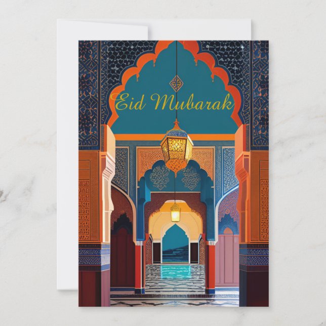 Invitación Mezquita de oro azul mosaico azul rojo Eid Mubarak (Anverso)
