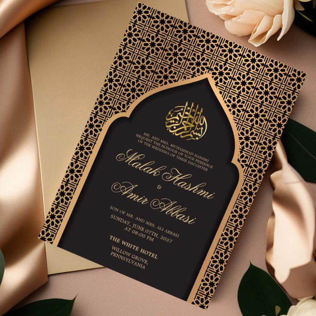 Invitación Mezquita de oro Boda musulmán geométrico negro isl (Subido por el creador)