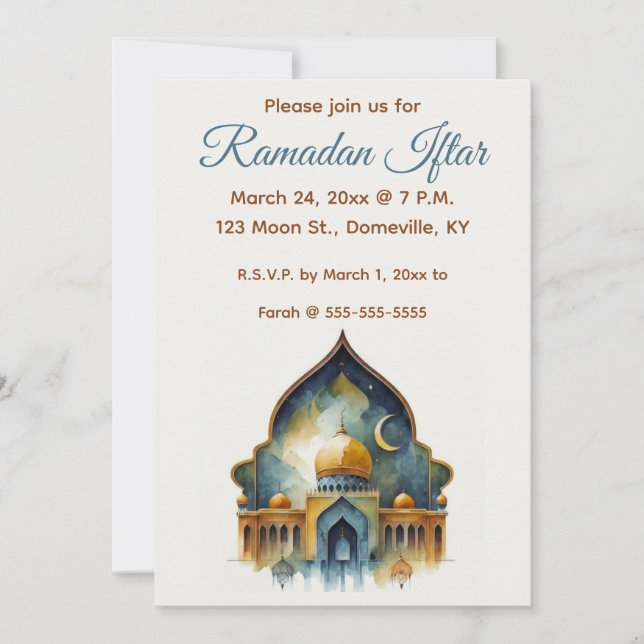 Invitación Mezquita Editable y Iftar del Ramadán de la Luna (Anverso)