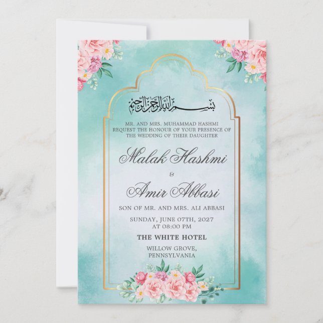Invitación Mezquita floral Oro Azul boda musulmán islámico (Anverso)