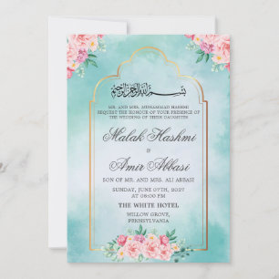 Invitación Mezquita floral Oro Azul boda musulmán islámico