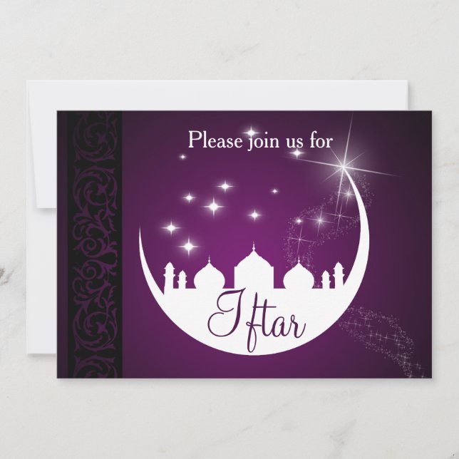 Invitación Mezquita lunar morada Eid Mubarak (Anverso)