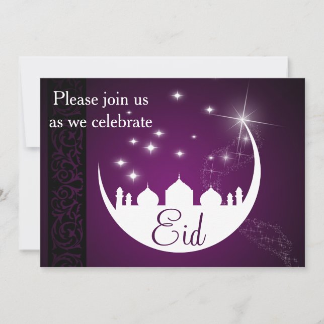 Invitación Mezquita lunar morada Eid Mubarak (Anverso)