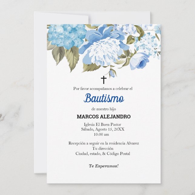 Invitación Mi Bautizo Azul Floral/azul claro (Anverso)