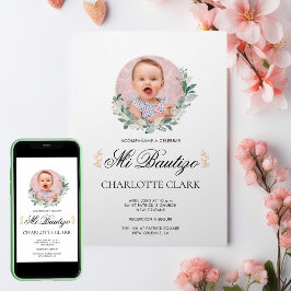 Invitación Mi Bautizo Foto Botánica Elegante Español