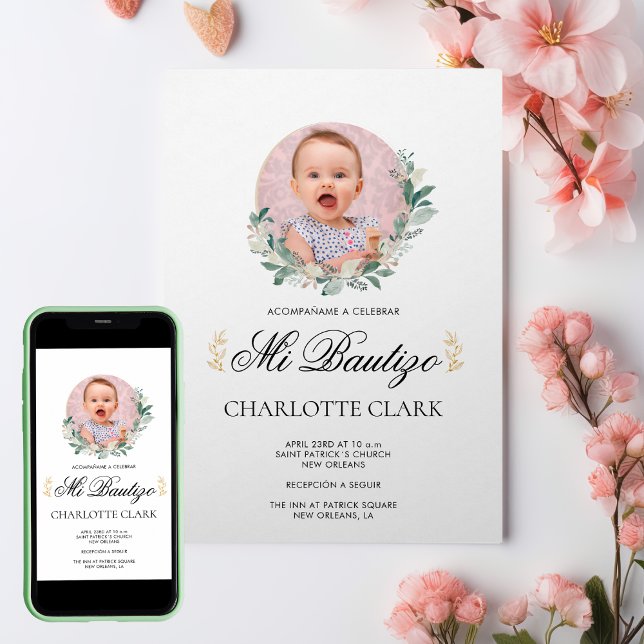 Invitación Mi Bautizo Foto Botánica Elegante Español (Mi Bautizo Photo Botanical Spanish Elegant Invitation)