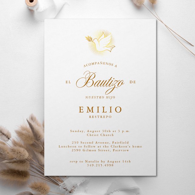 Invitación Mi Bautizo Gold domina el bautismo español (Mi Bautizo Gold Dove Spanish Baptism Invitation)