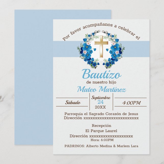Invitación Mi Bautizo para niño (Anverso / Reverso)