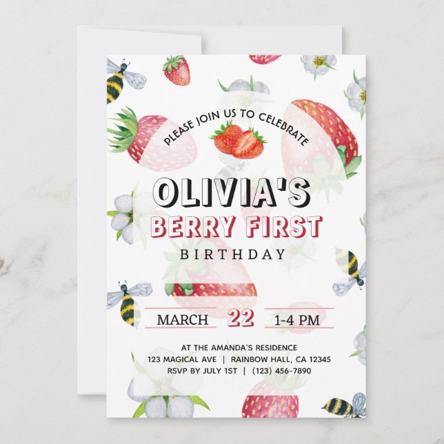 Invitación Mi Berry Primer Cumpleaños de Fresa Cumpleaños (Anverso)