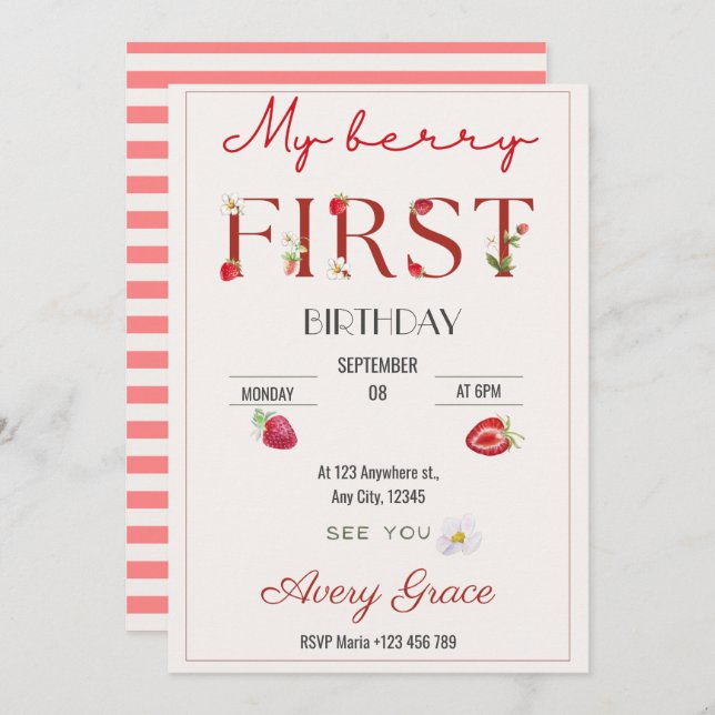 Invitación Mi Berry Primer Cumpleaños Fresas Cutas (Anverso / Reverso)