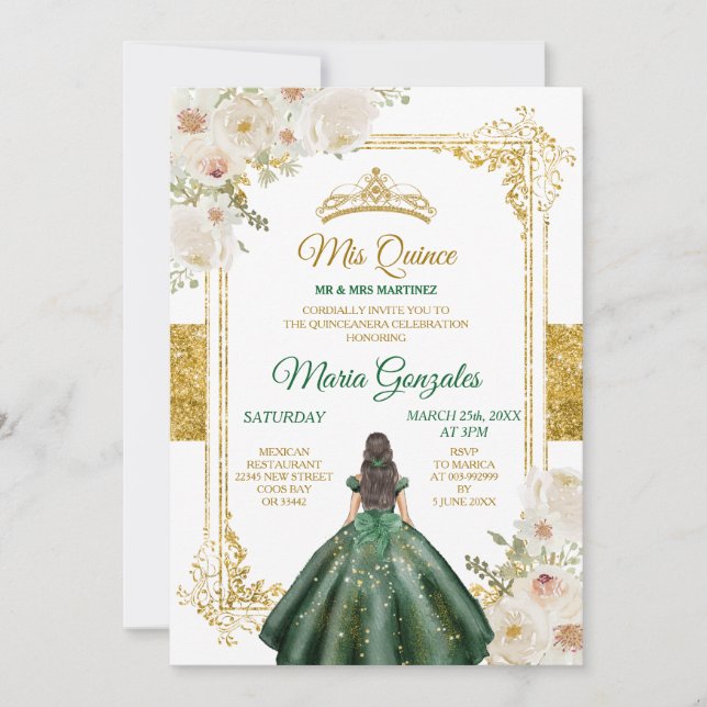 Invitación Mi cumpleaños floral verde y blanca de esmeralda (Anverso)