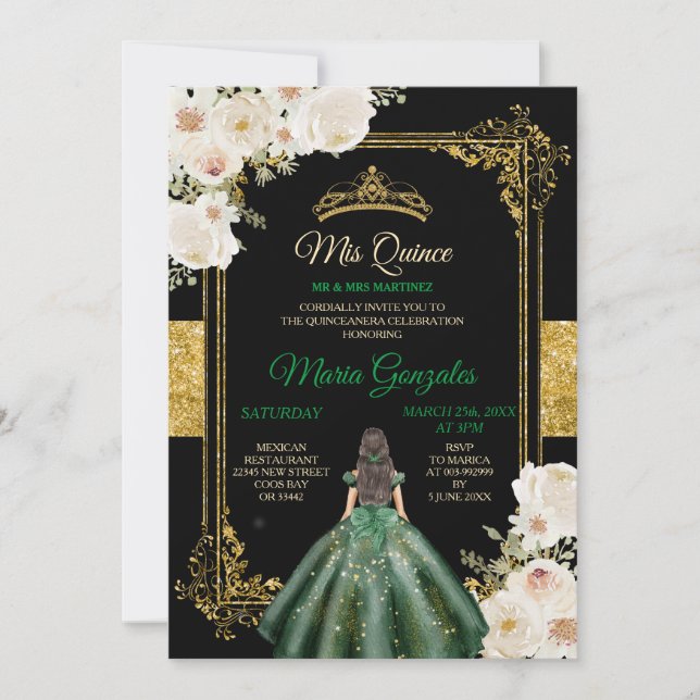 Invitación Mi cumpleaños floral verde y blanca de esmeralda (Anverso)