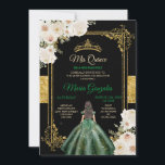 Invitación Mi cumpleaños floral verde y blanca de esmeralda<br><div class="desc">Mi Quince Emerald Green & White Floral Birthday Quinceanera Invitación de fondo negro Mis Quince Anos,  15º cumpleaños, </div>