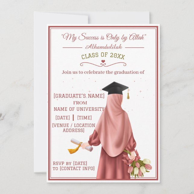 Invitación "Mi éxito es solo de Alá" Chica graduada (Anverso)