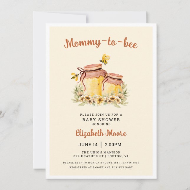 Invitación Mi mamá a la abeja, miel y Baby Shower de abejas (Anverso)