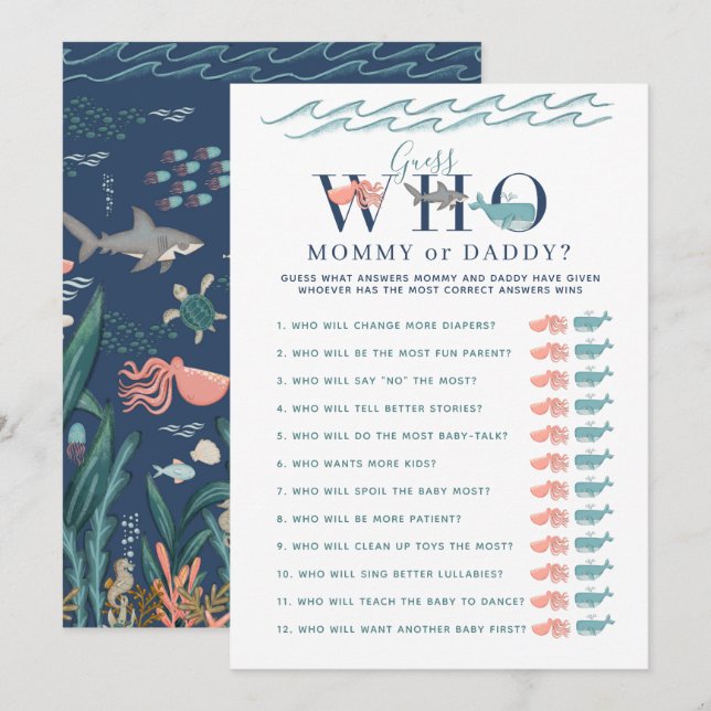 Invitación Mi mamá o papá juego bajo el mar Baby Shower (Anverso / Reverso)