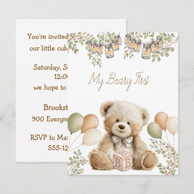 Invitación Mi primer cumpleaños Beary Descarga Digital  (Anverso / Reverso)