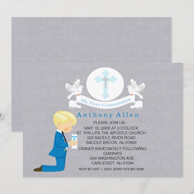 Invitación Mi primer niño de la Santa Comunión que se arrodil (Anverso / Reverso)
