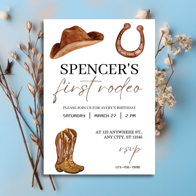 Invitación "Mi primer rodeo" acuarela Primera cumpleaños occi ("My First Rodeo" Watercolor Western 1st Birthday Invitation
)