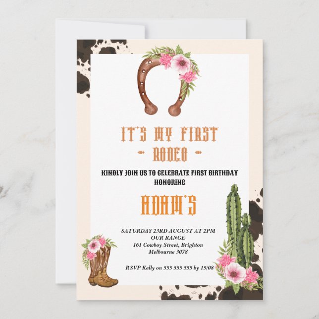 Invitación Mi Primer Rodeo de Vaquero Rosa  (Anverso)