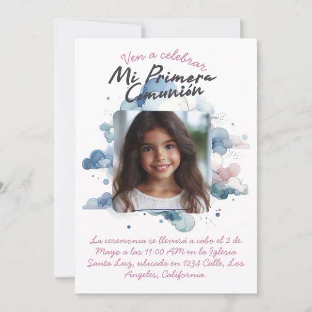 Invitación Mi Primera Comunión con foto acuarela española (Anverso)