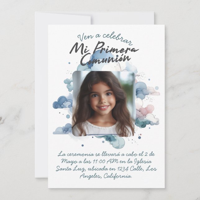 Invitación Mi Primera Comunión con foto acuarela española (Anverso)
