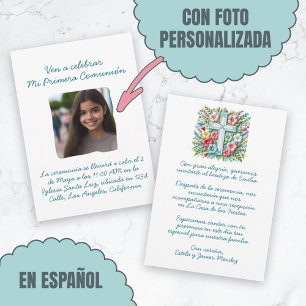 Invitación Mi Primera Comunión con foto Cruz y Flores