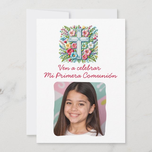 Invitación Mi Primera Comunión Cruz & Flores con foto (Anverso)