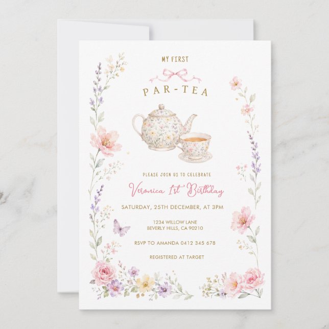 Invitación Mi primera fiesta de té de cumpleaños flor silvest (Anverso)