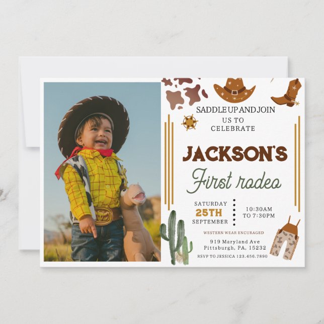 Invitación Mi primera foto de Rodeo Cowboy el primer cumpleañ (Anverso)
