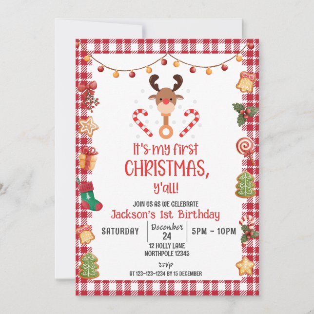 Invitación Mi primera Navidad, cumpleaños de renos Rudolph (Anverso)