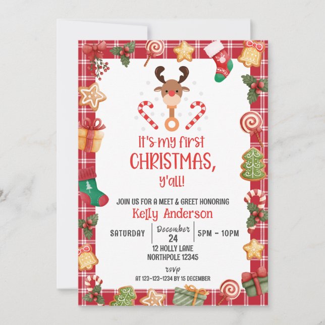 Invitación Mi primera reunión navideña y saludos (Anverso)