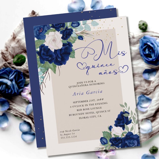 Invitación Mi Quince Anos Real Floral de la Marina Azul Quinc (Subido por el creador)