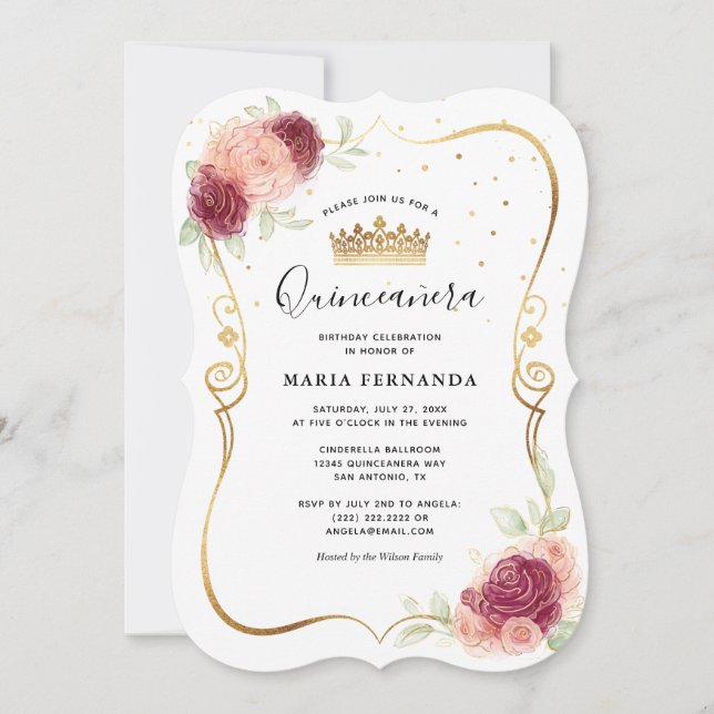 Invitación Mi Quince Borgoña Rubor Gold Floral Quinceanera (Anverso)