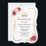 Invitación Mi Quince Borgoña Rubor Gold Floral Quinceanera<br><div class="desc">Invitaciones de la quinceañera de oro rosa Borgoña en una elegante plantilla DIY que puede ser personalizada para una dulce fiesta de cumpleaños 15/16... El bonito diseño moderno presenta rosas color rosa y burdeos ilustrados por Raphaela Wilson. La forma de papel ornamentado acentuada con un vestido de bata enrollado de...</div>