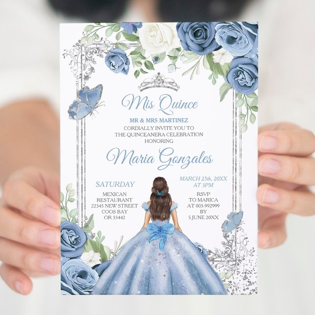 Invitación Mi Quince Dusty Blue & Silver Floral Quinceañera (Subido por el creador)
