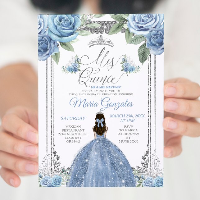 Invitación Mi Quince Dusty Blue & Silver Floral Quinceañera (Subido por el creador)