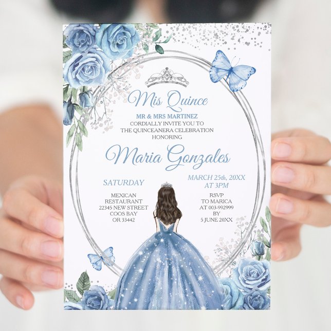 Invitación Mi Quince Dusty Blue & Silver Floral Quinceañera (Subido por el creador)