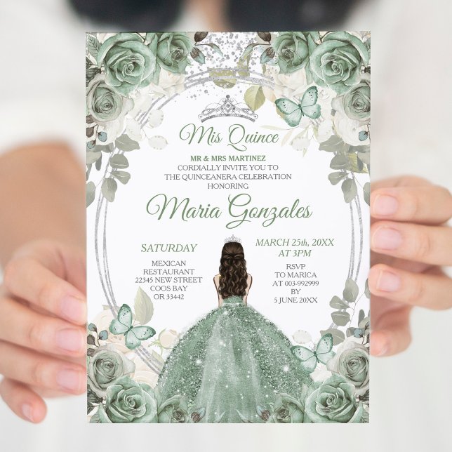 Invitación Mi Quince Dusty Verde y Plata Floral Quinceañera (Subido por el creador)