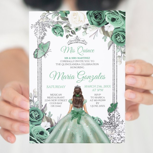 Invitación Mi Quince Dusty Verde y Plata Floral Quinceanera (Subido por el creador)