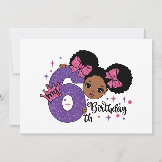 Invitación Mi sexto cumpleaños Chica afro Purpurina rosado de (Anverso)