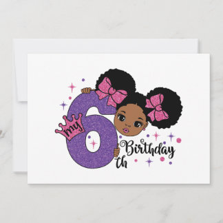Invitación Mi sexto cumpleaños Chica afro Purpurina rosado de