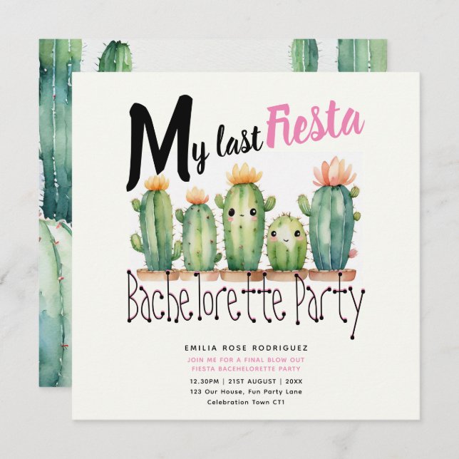 Invitación Mi último tema de Cacti de la Fiesta de la Bachelo (Anverso / Reverso)
