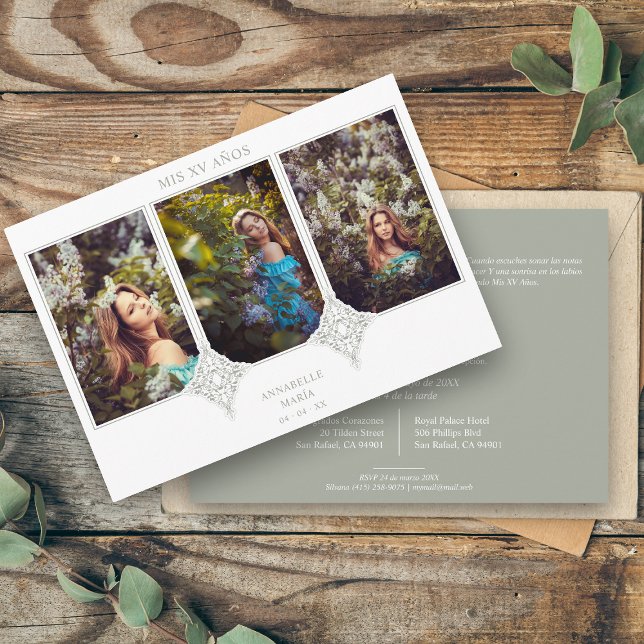 Invitación Mi XV años Español 3 fotos Sage Lace Efecto (Subido por el creador)