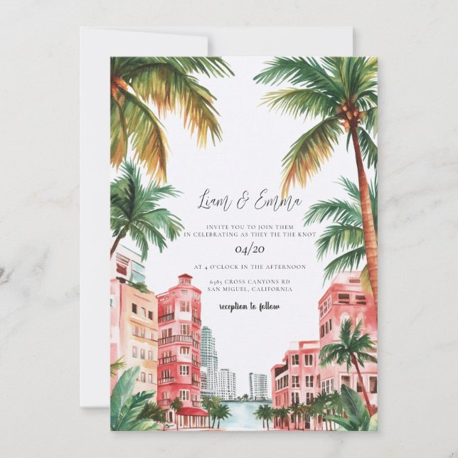 Invitación Miami Florida Watercolor Wedding Invitation (Anverso)