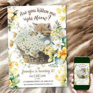 Invitación ¡Miau! Cumpleaños 8 de niña gatito floral lindo ga
