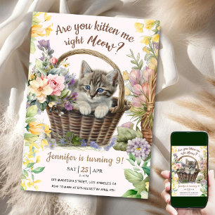 Invitación Miau! Cumpleaños 9 de la gatita linda floral niña