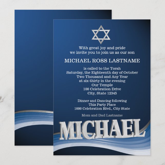 Invitación Michael Steel Wave Name Bar Mitzvah (Anverso / Reverso)