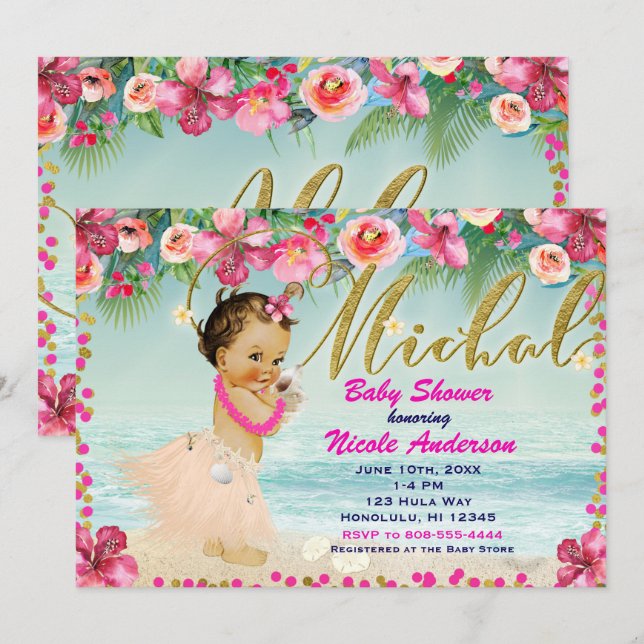 Invitación MICHAL Baby Shower Aloha Hawaiano Playa Retro  (Anverso / Reverso)