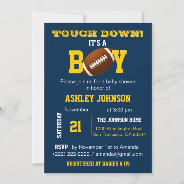 Invitación Michigan Blue Yellow Football Theme Baby Shower (Anverso)